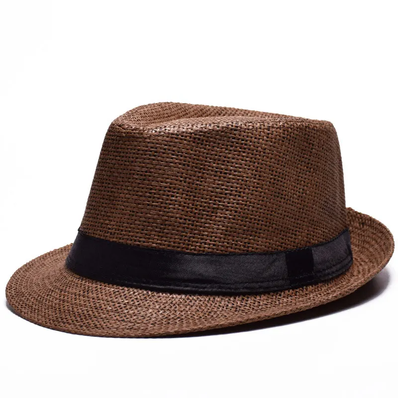 

summer men women's eyelet straw jazz fedora hat beach top ribbon cap beige brown khaki white black blue