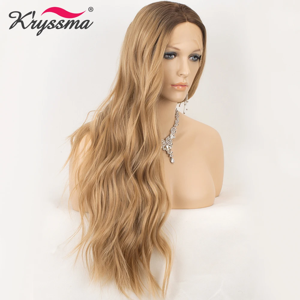 Блондинка синтетический Синтетические волосы на кружеве парик длинные волнистые парики для Для женщин темные корни средняя часть