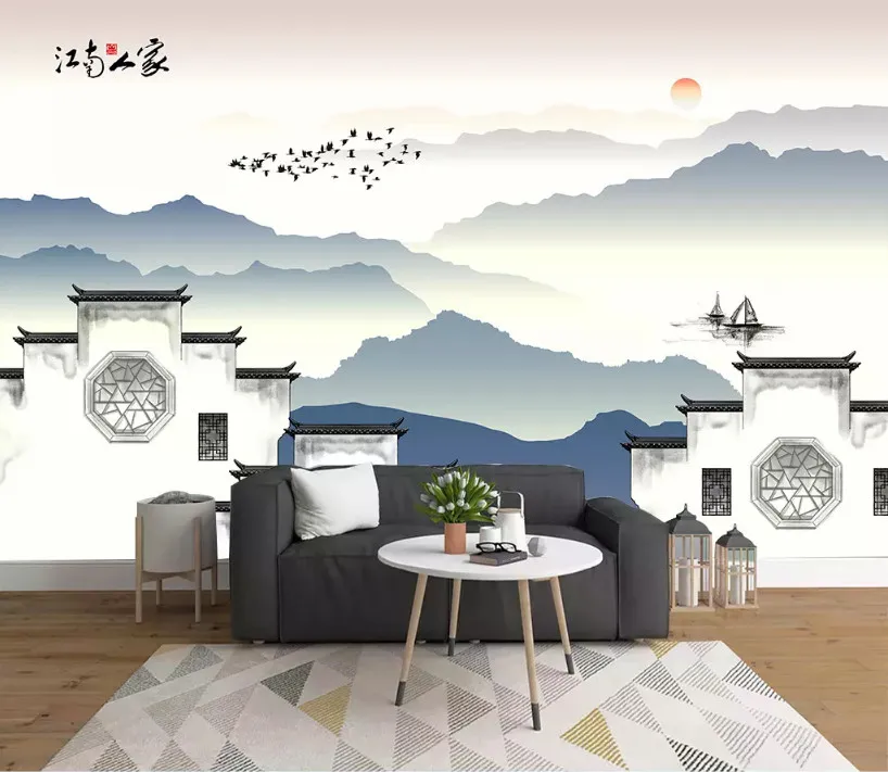 Beibehang заказ моды papel де parede 3d обои новый китайский чернила пейзаж абстрактный синий настроение Гостиная ТВ задний план