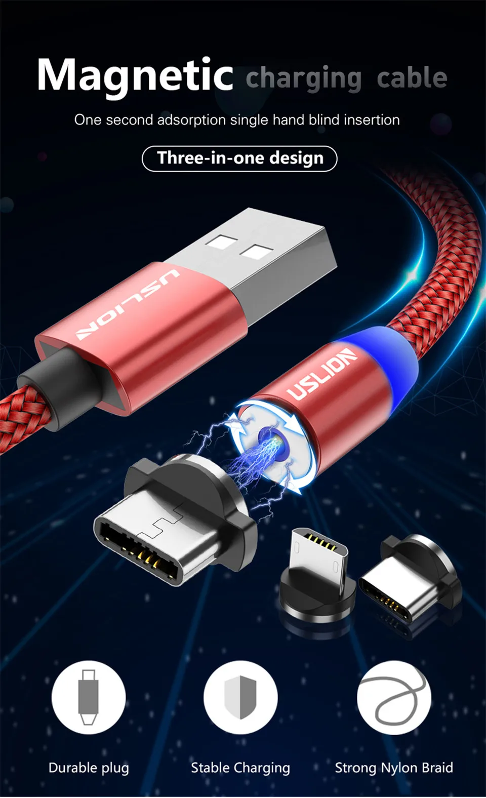 USLION 2 м Магнитный кабель для быстрой зарядки Micro usb type C зарядное устройство для iPhone XS X 8 7 samsung S10 9 магнит Android телефонный кабель 3 м