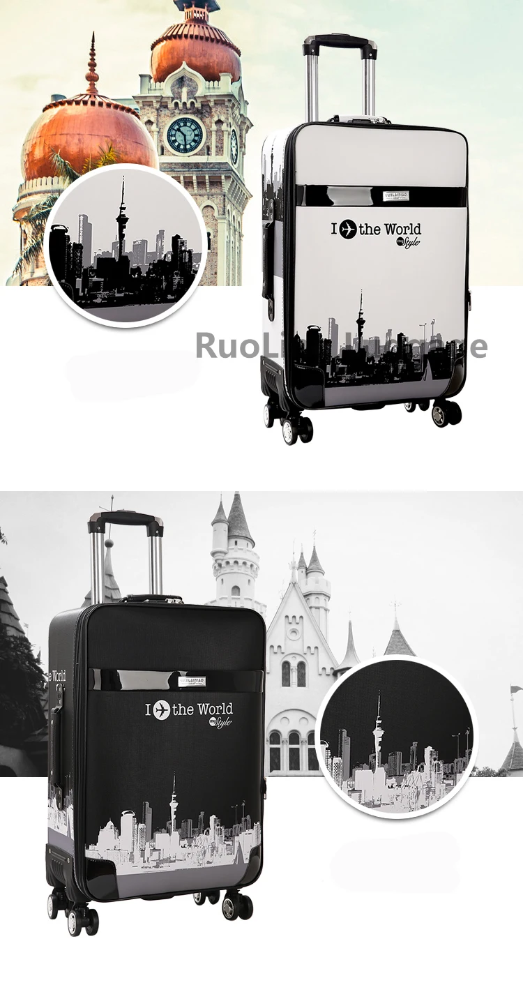 LeTrend Ретро штамп чемодан на колёсиках Spinner пароль тележка большой емкости чемодан колеса 20 дюймов кабина дорожные сумки багажник