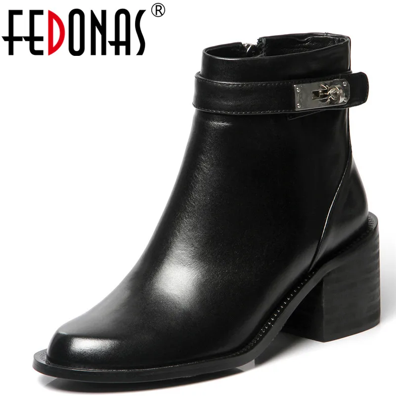 

FEDONAS 1Fashion Women Ankle Boots Autumn Winter Warm Genuine Leather High Heels Shoes Buckle Round Toe Office Lady Shoes Woman