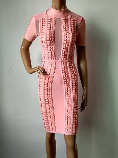 

2016 new arrival top quality Pink Mesh Short Sleeve High Neck Complex Process evening party woman bandage dress dropshipping