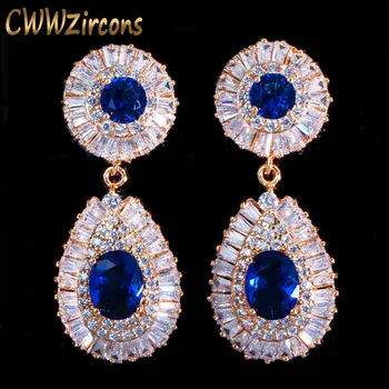 

CWWZircons High Quality Gorgeous Blue Cubic Zirconia Pave Long Dangle Drop Dubai Gold Bridal Wedding Earrings for Women CZ361