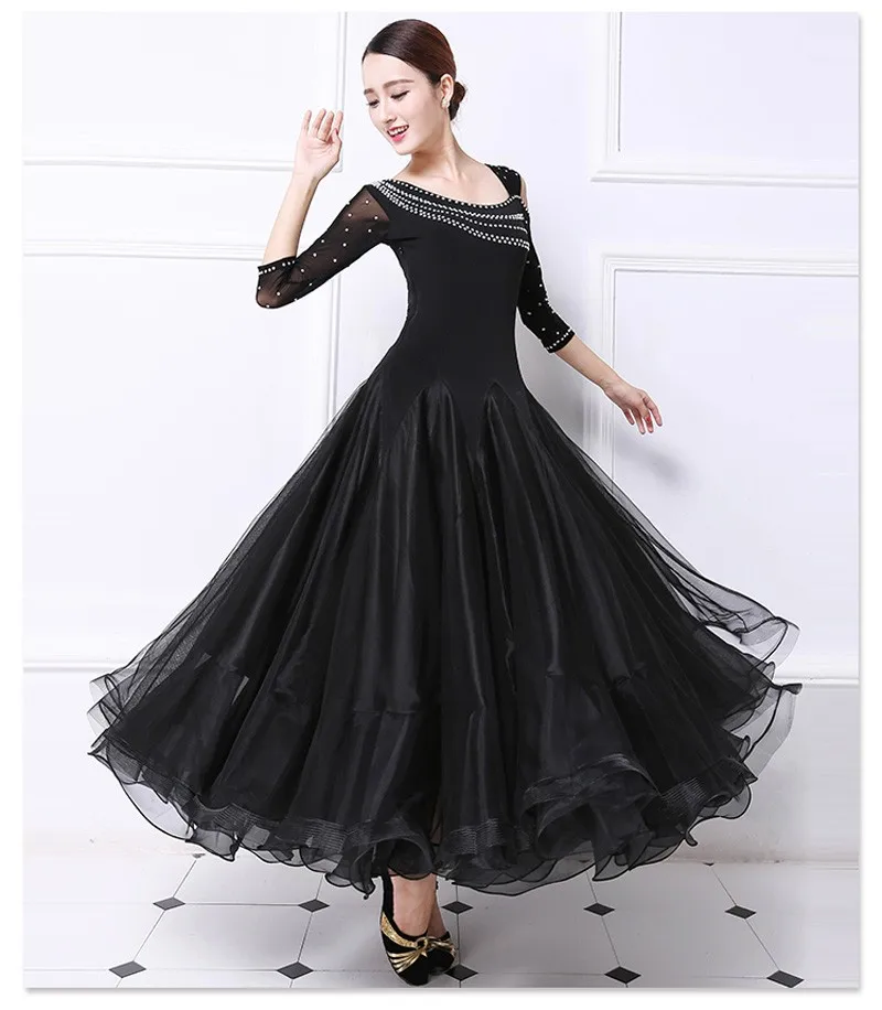 Бальные соревнования танцевальное платье для женщин Танго Фламенко танцевальный костюм высокое качество черный средний рукав вальс Бальные платья