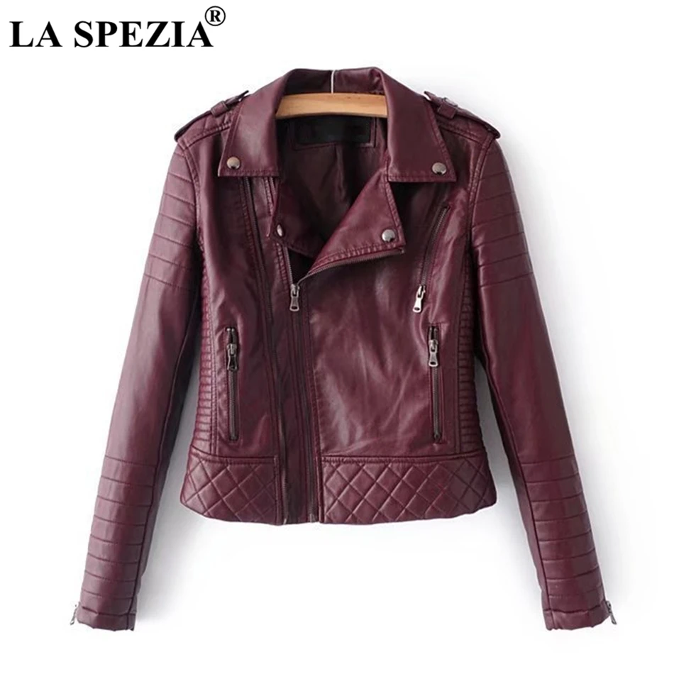 LA SPEZIA Leather Jacket For Women White Motorcycle Rock Coat Ladies Biker Punk Zipper Pockets Autumn Winter Jackets Fashion