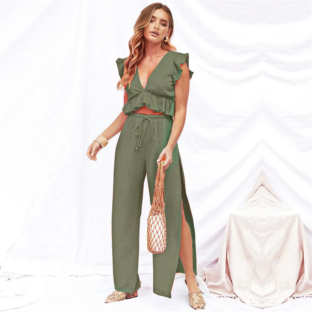 

Womens Ruffle Sexy 2 Piece Sets Jumpsuit Crop Top + Wide Leg Split Pants Outfit summer style women outfits two piece suit #0425