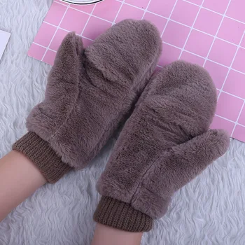 

Winter Thickened Cute Whole Covered Finger Mittens For Women Plush Gloves Fluffy Rabbit Dual-layer Hang On Neck Type Mittens