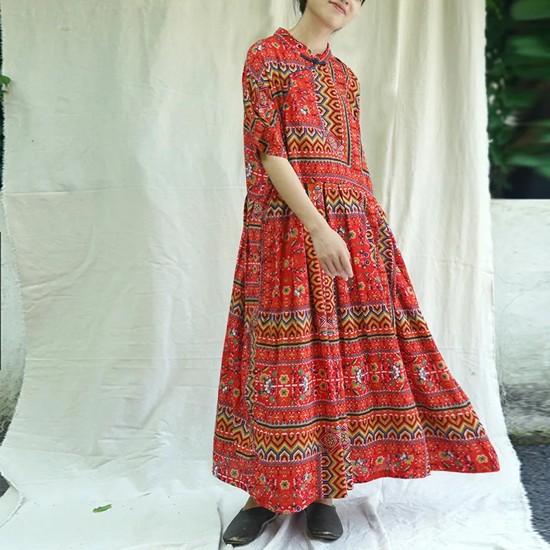 

Johnature 2019 Summer New Vintage Print Long Dresses Stand Collar Half Batwing Sleeve Loose Ankle-Length Women Dresses