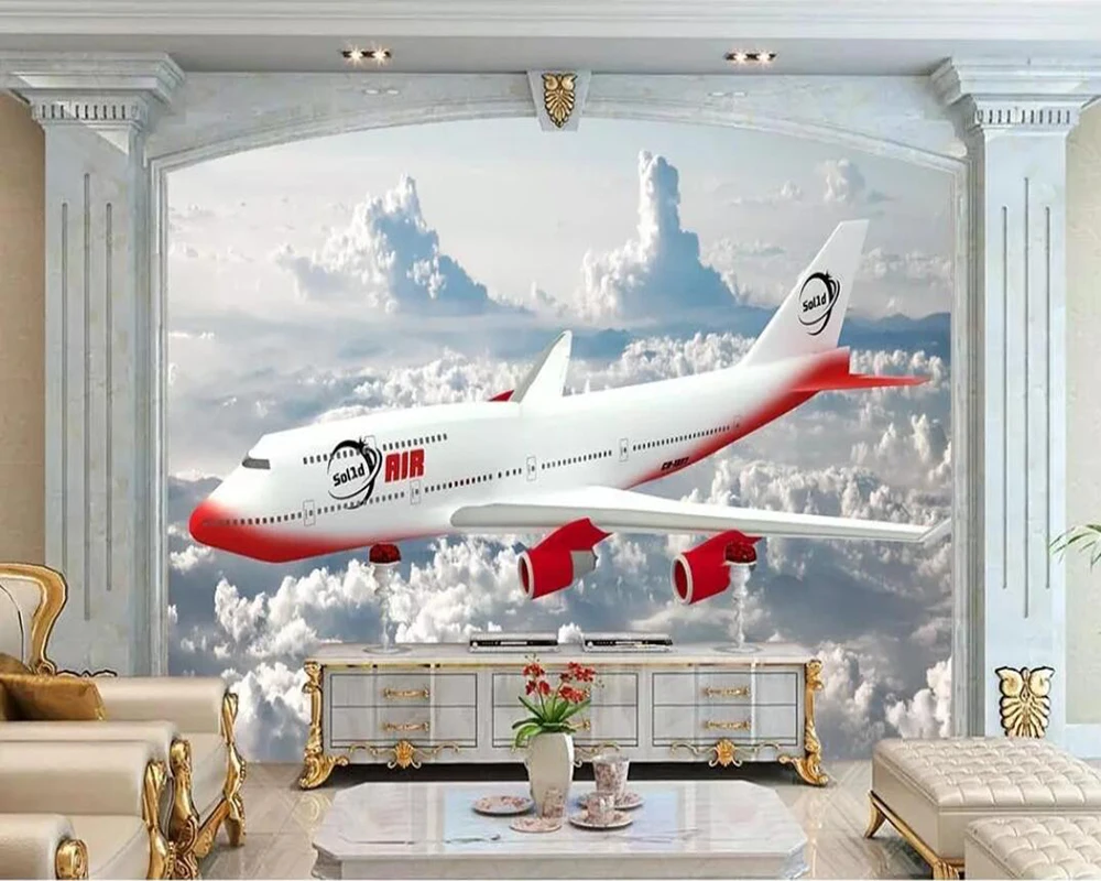 

European fresh red aircraft custom mural wallpaper living room background wall
