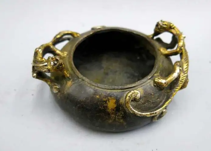

China old bronze gilt carved fine two dragon writing-brush washer statue