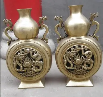 

13" China finely Brass carved two dragon play bead Vases Pair Sculpture statue