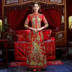 Высокое качество ручной работы вышивка Женский Cheongsam костюм со стразами павлин платье невесты красный китайский Свадебные Qipao тост одежда