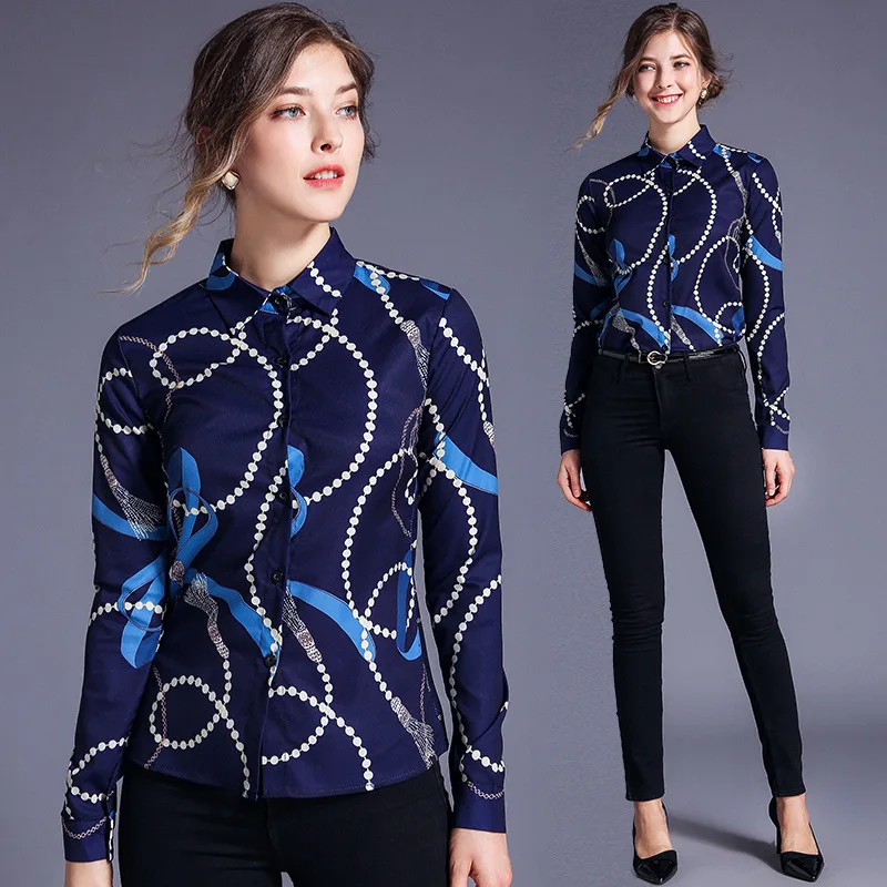 

New women's Lapel shirt printed long sleeve shirt