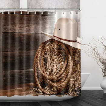 

LB Retro Cowboy Straw Hat Rope Paniolo Shower Curtain Bathroom Curtains Waterproof Polyester Fabric For Men Bathtub Decor