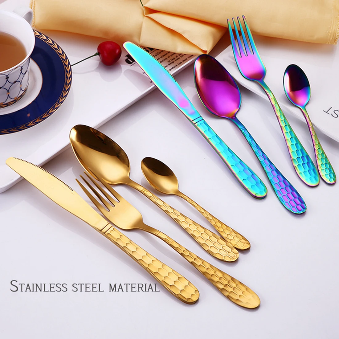 

Kitchen Accessories 4PCS/Set Gold Rainbow Tableware Stainless Steel cutlery set Knife Fork Scoops Dinnerware Set Dinner Set