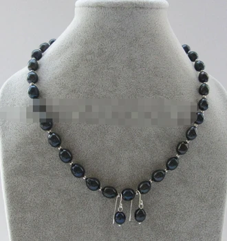 

-hot 07757 dark black rice shape freshwater pearl necklace + earring one set new