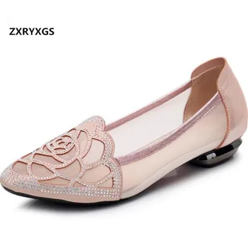 

2019 Newest Comfort Soft Cowhide Leather Sandals Women Shoes Shallow Mouth Mesh Rhinestone Shoes Fashion Sandals Women Sandals