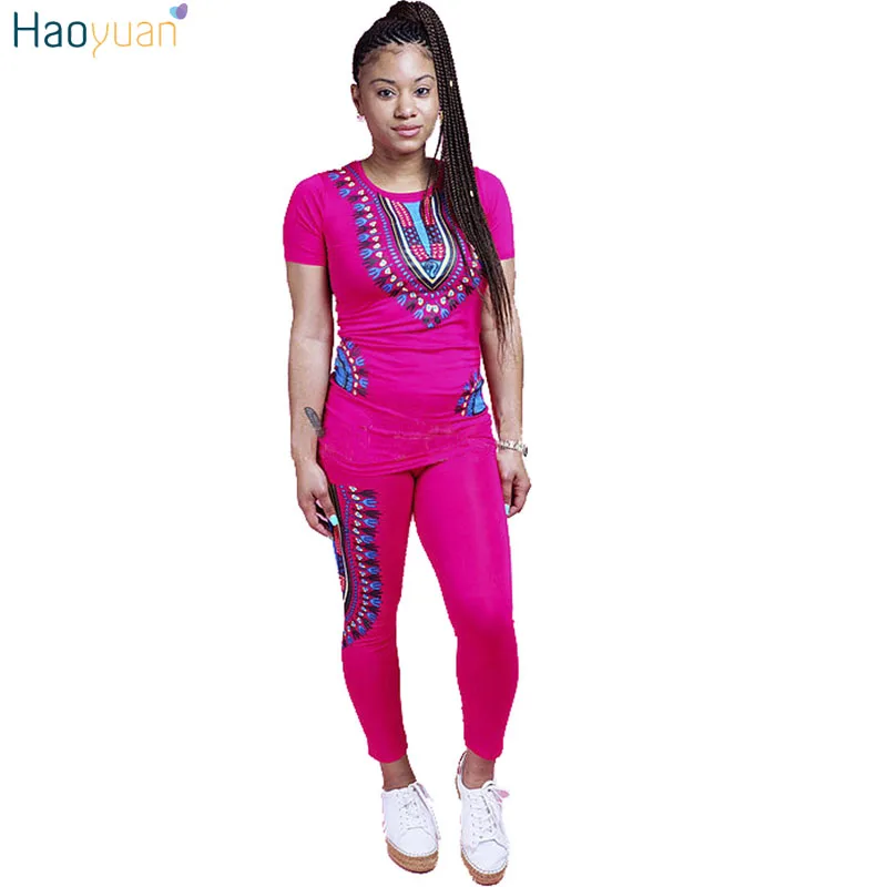 

HAOYUAN 2 Two Piece Set Women Ladies African Print Outfits Plus Size Short Sleeve Casual Bodycon Dashiki Tops+Long Pants Suit