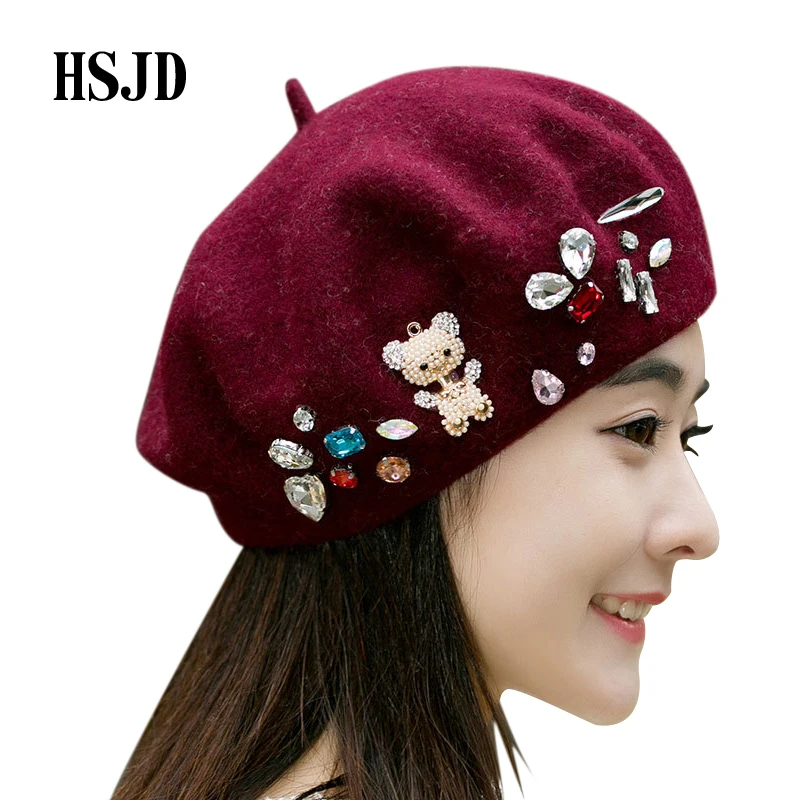 

2017 Solid Color Wool Felt Berets Women Boinas Boina Hats Fashion Pearl Rhinestones Flower Woolen Beret Lovely Girl Winter Hat