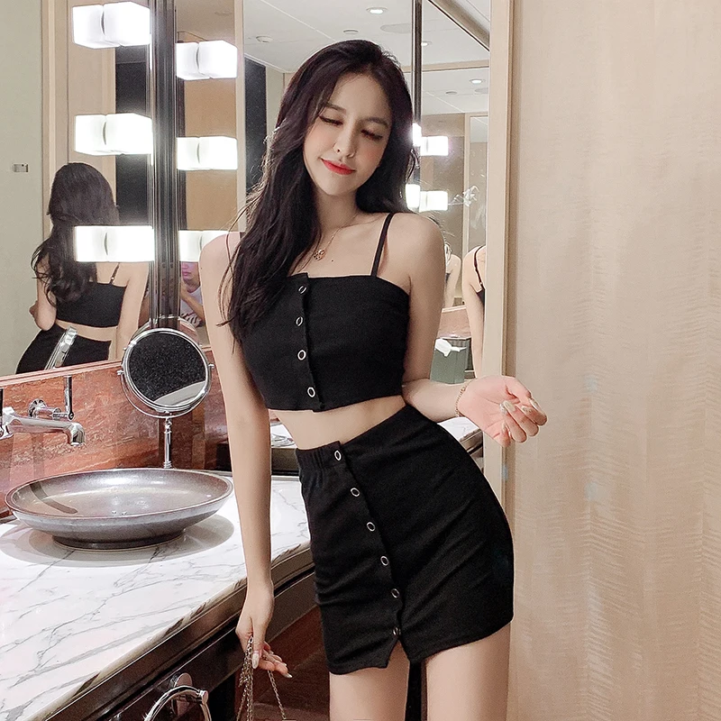 

2 Piece Set Women Festival Clothing Vintage Skirt Set Sexy Threaded Buckle Tube Top + Short Pencil Skirt Two Piece Set