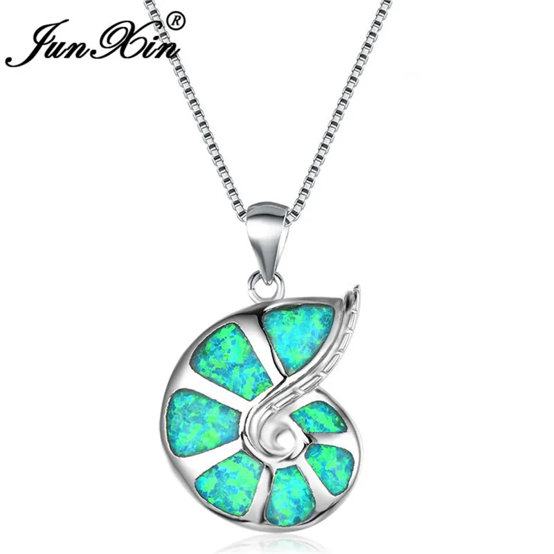 JUNXIN, мистический огненный опал, ожерелье, женское, 925 пробы, серебро, зеленый/фиолетовый/белый/синий, Опаловая раковина, подвески для женщин, Радужное колье - Окраска металла: Green Opal Necklace