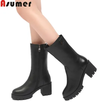 

ASUMER big size fashion winter keep warm snow boots round toe zip wool inside genuine leather boots square heel mid calf boots