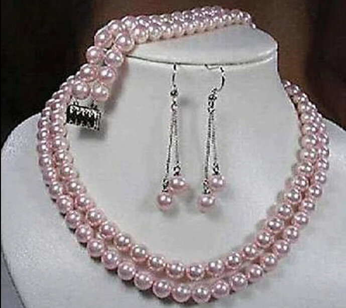 

FREE SHIPPING2 Rows 8mm Pink South Sea Shell Pearl Necklace bracelet Earrings Set AAA Grade