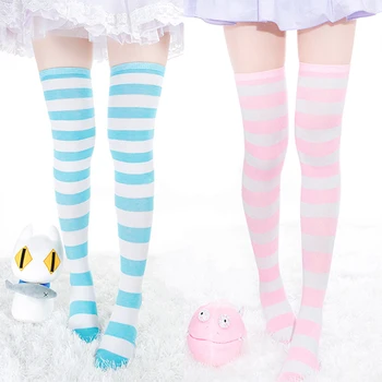 1Pair New Women Girls Over Knee Long Stripe Printed Thigh High Striped Patterned Socks 7 Colors Sweet Cute Warm Wholesale Lot