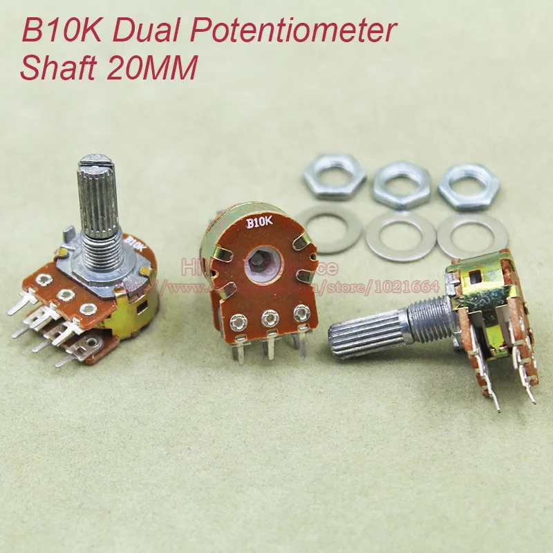 

(10pcs/lot) B10K 10K OHM WH148 Linear Dual Rotary Potentiometer Pots Shaft 20MM With Nuts And Shim