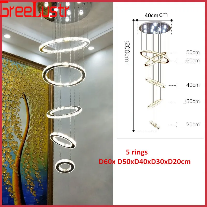 Роскошный большой 5 колец круглый хрустальный светодиодный светильник-люстра, спиральный светодиодный подвесной светильник, светильник для лестниц, отелей, лампа с регулируемой яркостью, люстры