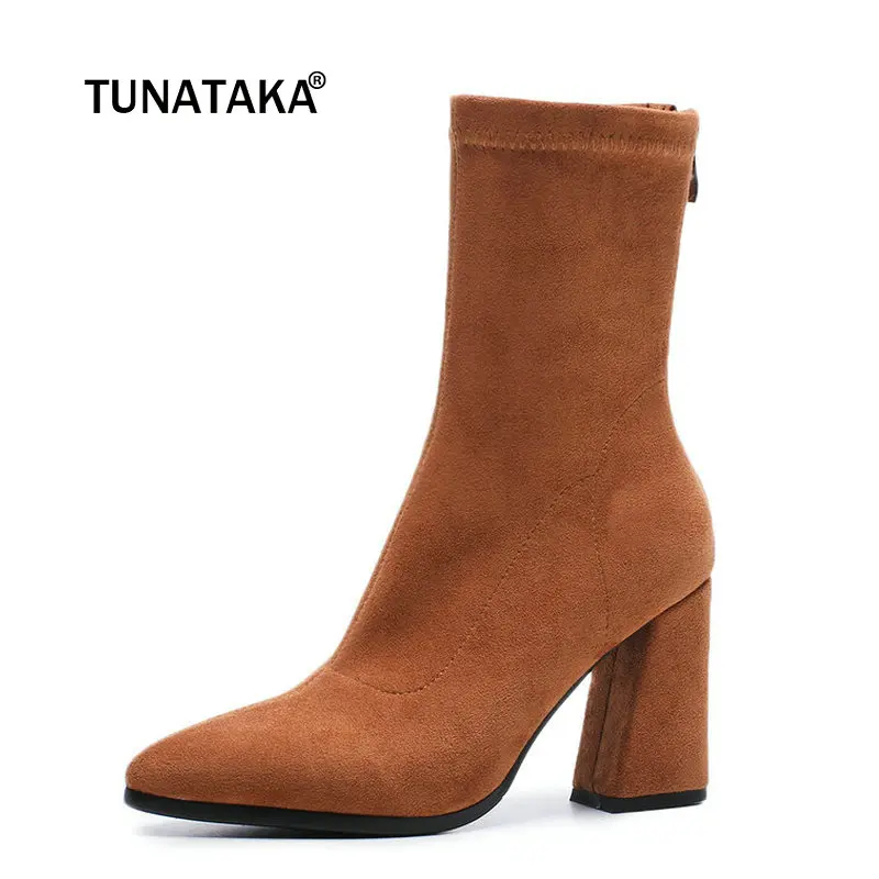 

Female Suede Thick High Heel Ankle Boots Fashion Zipper Pointed Toe Fall Winter Bootie Black Brown Wine Red