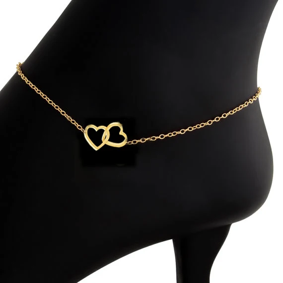 DIANSHANGKAITUOZHE Gold Colour Bijoux De Pied Femme Leg Chain Stainless Steel Bracelet Femme Women Double Heart Foot Anklets