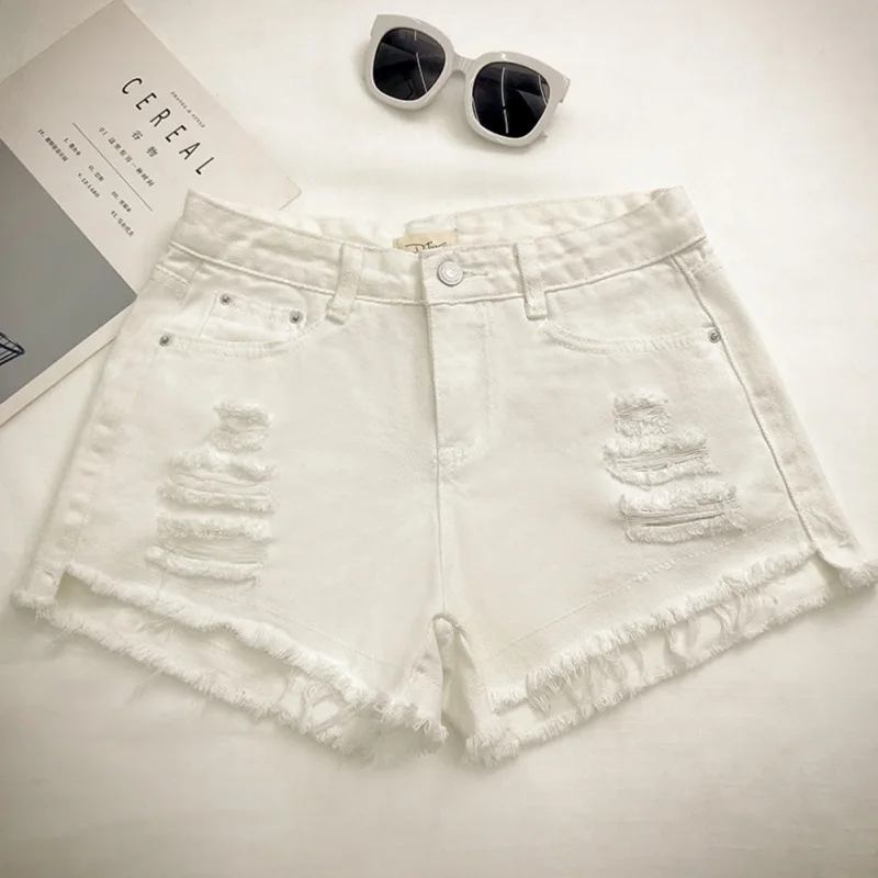 Women Summer Black White Hole Denim Shorts Female Loose Personality Raw Wide Leg Denim Shorts Women Summer Black White Hole Denim Shorts Female Loose Personality Raw Wide Leg Denim Shorts