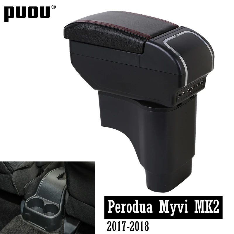 

For Perodua Myvi Mk2 2017-2018 Armrest Box Dual layer Center Console Storage Box with cup holder ashtray USB Charging Car decora