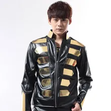 Черного и золотого цвета куртка мода женский мужской DJ костюм костюмы Кожа Металл Топ украшения для танцор певец ночной клуб Show