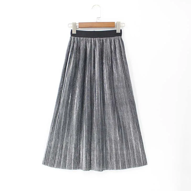 

2019 Spring Summer Pleated Skirt Long Vintage Womens Metallic Skirts Boho Mid Calf High Waist Plus Size Elasticiy
