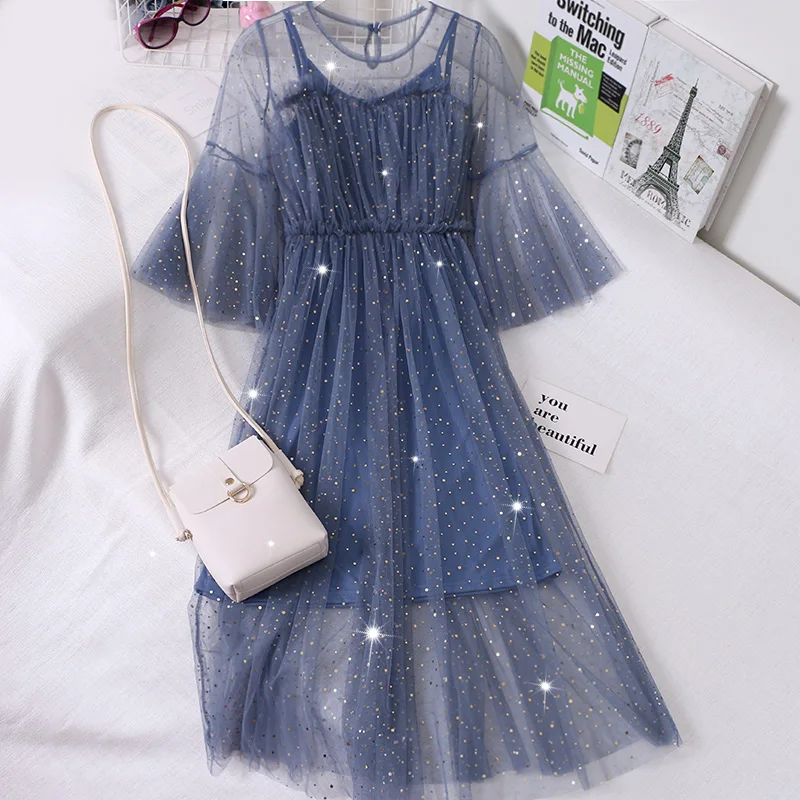 

New Women O-neck Flare Sleeve Bling Sequined A-line Pleated Ruffles Dress Vintage Elastic Slim Mesh Gauze Tulle Party Midi Dress
