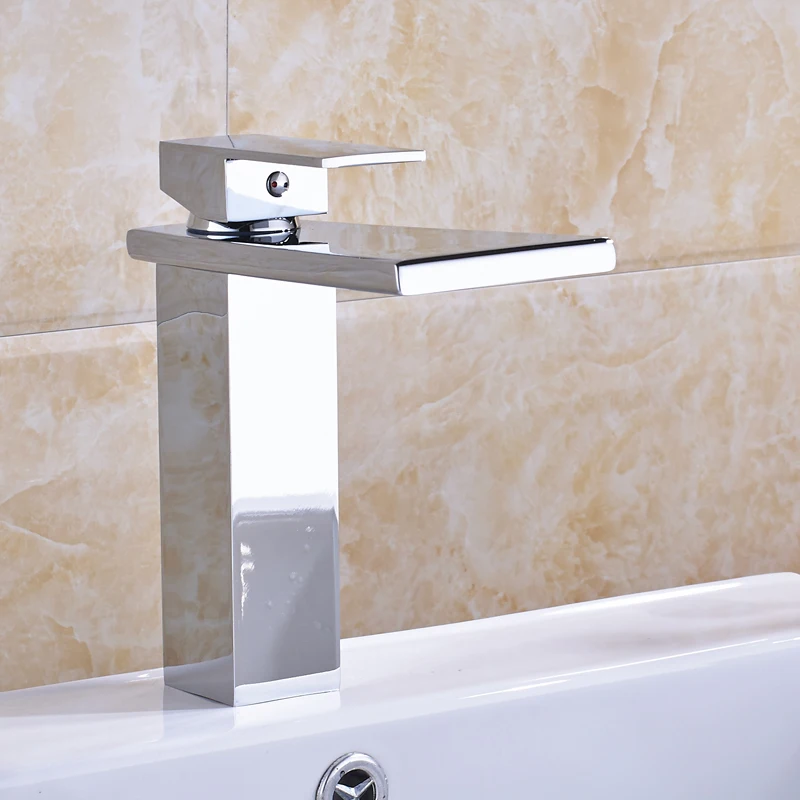 

Chrome Polished Bathroom Sink Faucet Single Handle Mixer Tap Waterfall Spout Faucet