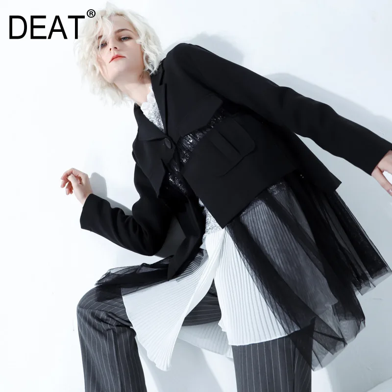 

DEAT 2019 New Spring Korean Women Clothing Notched Patchwork Mesh Cuted Short Waist Jacket Female Coat Outfits WD37801L