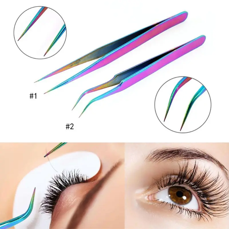1Pc Stainless Steel Straight Curved Eye Lashes Tweezers Rainbow Colored False Fake Eyelash Extension Nippers Pointed Clip Profes | Красота и