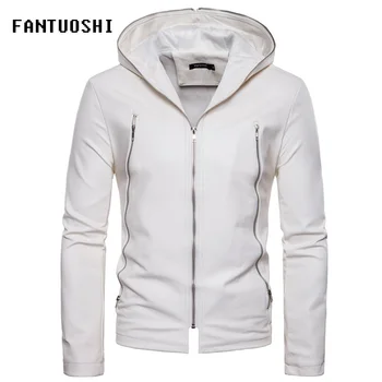 

2018 New Autumn Winter hooded Coat Men PU Leather Jackets Long sleeve outwear slim fit leather jacket Men Biker Jacket White XXL