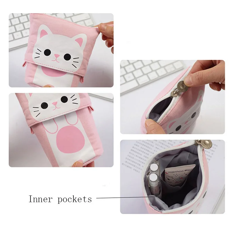 Холщовый чехол для карандашей с изображением милого кота, сумка для канцелярских принадлежностей, чехол для ручек с застежкой-молнией