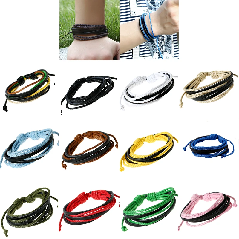 

1Pc Colourful Monochrome Woven Leather Bracelet Pure Hand-painted Leather Rope Bracelets Women &Men Bracelet with Braided Rope