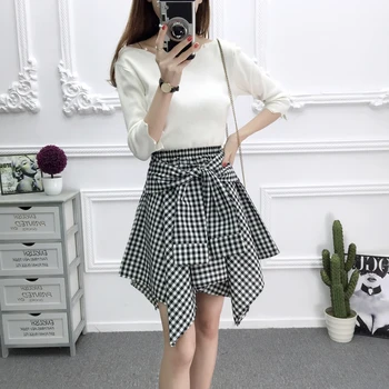 

New Summer Elastic Waist Women Skirt High Waist Irregular Plaid Skirt Chic Bandage Student Skirt Cotton Women Pleated Skirt