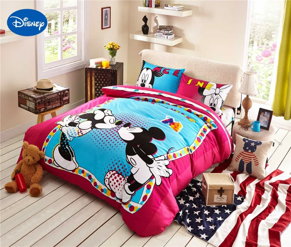 Cartoon Disney Prints Bedding Set Cotton Polka Dot Kiss Mickey