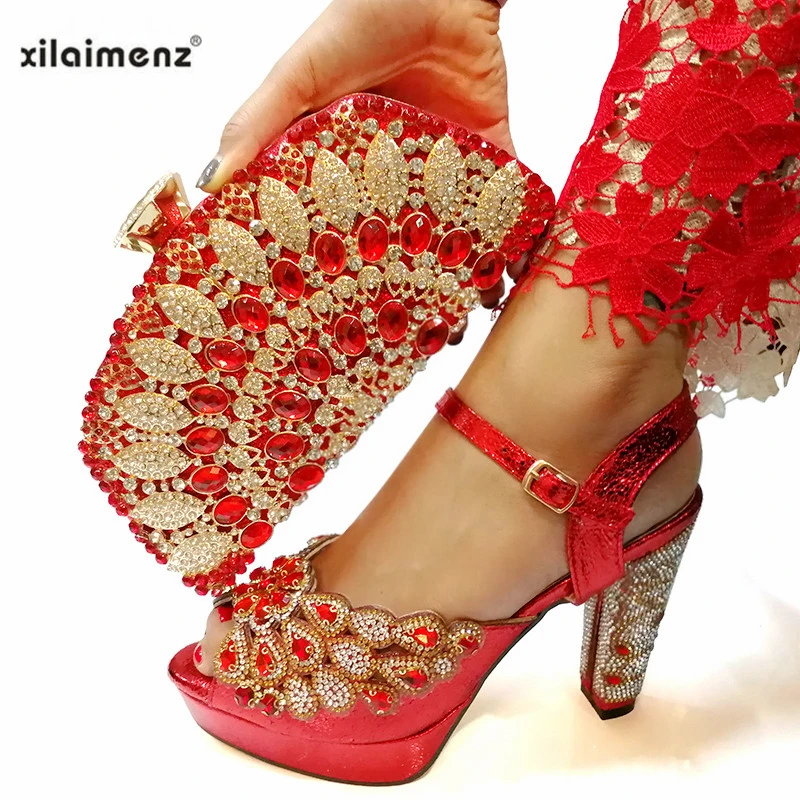 

2019 Red Color Super High Heels Nigerian Shoes with Matching Bags Set Shoe and Bag Set for Party In Women with Shinning Crystal