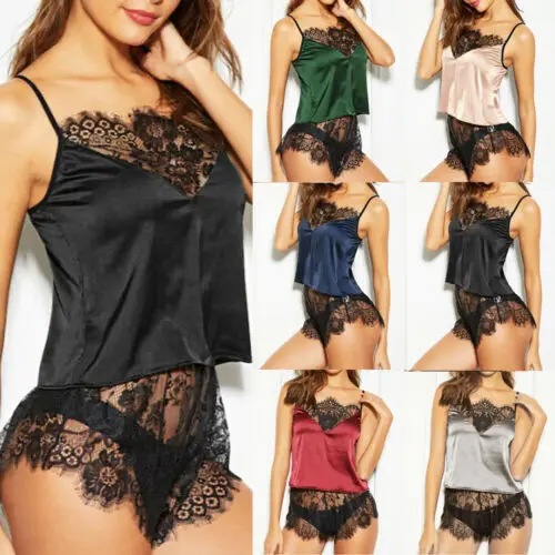 

Women Satin Sexy Lingerie Nightwear Pajamas Sets Ladies Underwear Sleepwear Suit Sleeveless Tops + Shorts 2pcs Clothes Set