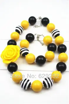 

10Pcs Lot Black & Yellow Chunky Girls Necklace and Bracelet Set Girls Chunky Necklace, Girls Bubblegum Chunky Necklace CB091
