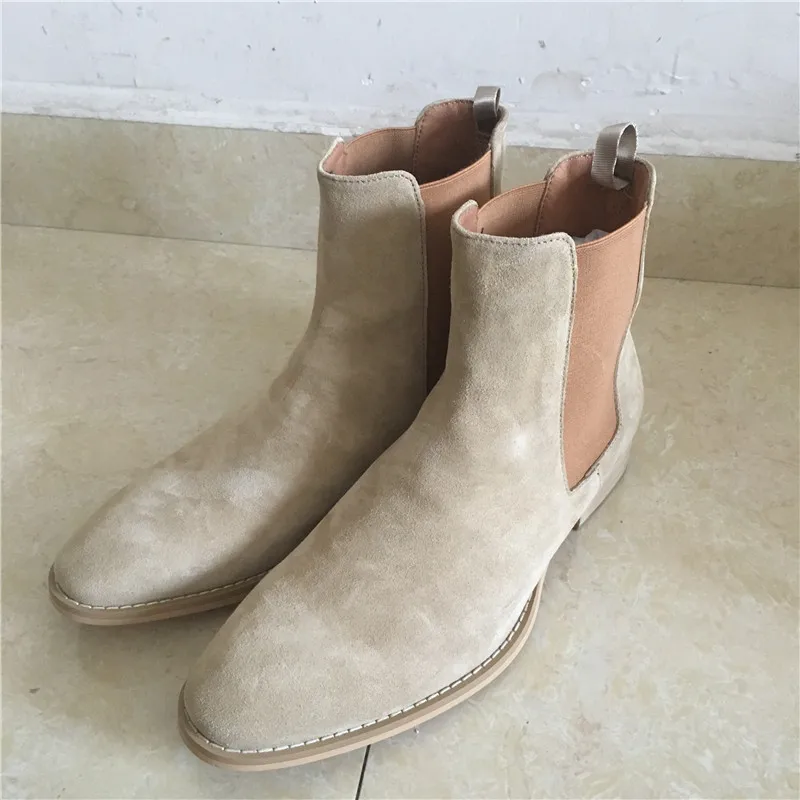 

British style Chelsea motorcycle All-matching men boots patchwork brogue cow leather Apricot color casual boots